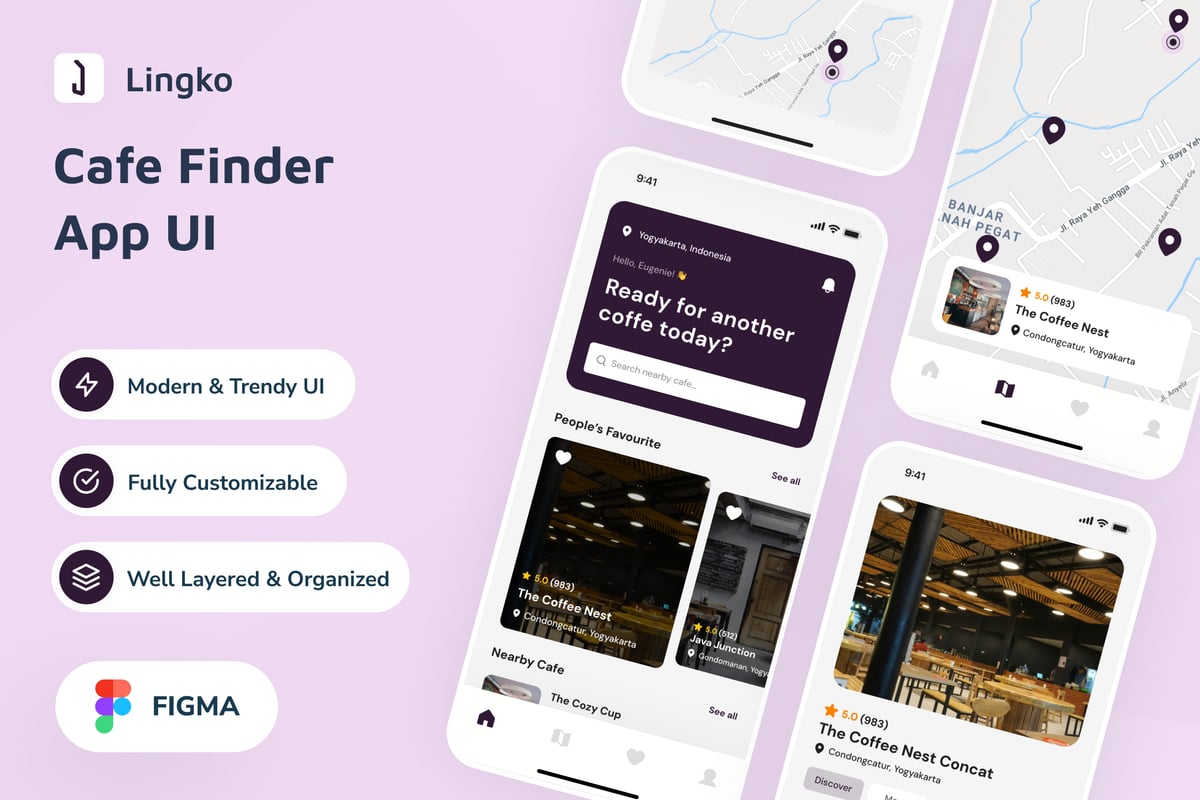 本地咖啡馆寻找应用APP UI KIT (FIG)
