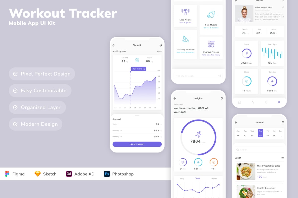 锻炼跟踪器移动应用APP UI KIT (SKETCH,FIG,XD,PSD)