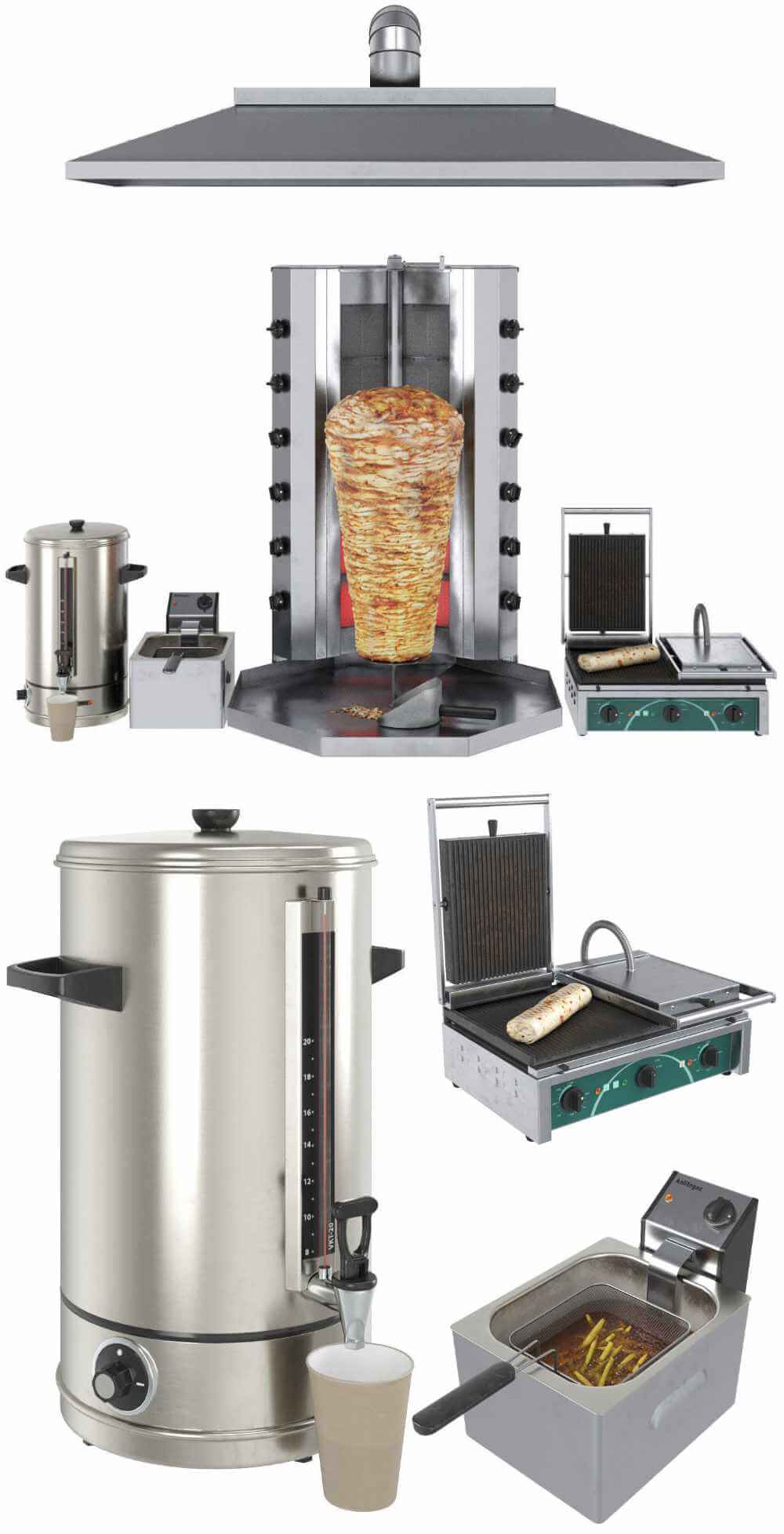 包含Shawarma机 烤架 油烟机 炸锅和热水壶的Shawarma店厨房设备3D模型（FBX,MAX）