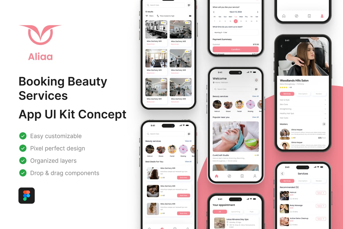 预订美容服务应用APP UI KIT (FIG)