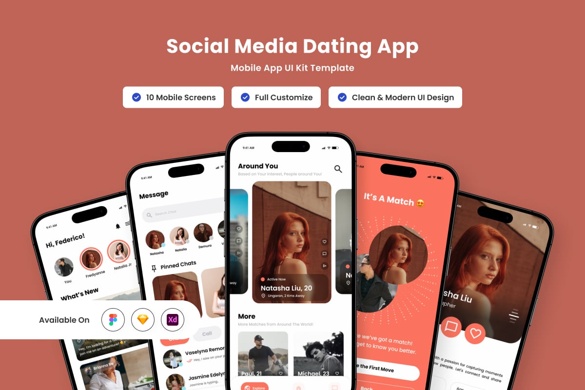 社交和约会移动应用APP UI KIT (FIG,SKETCH,XD)