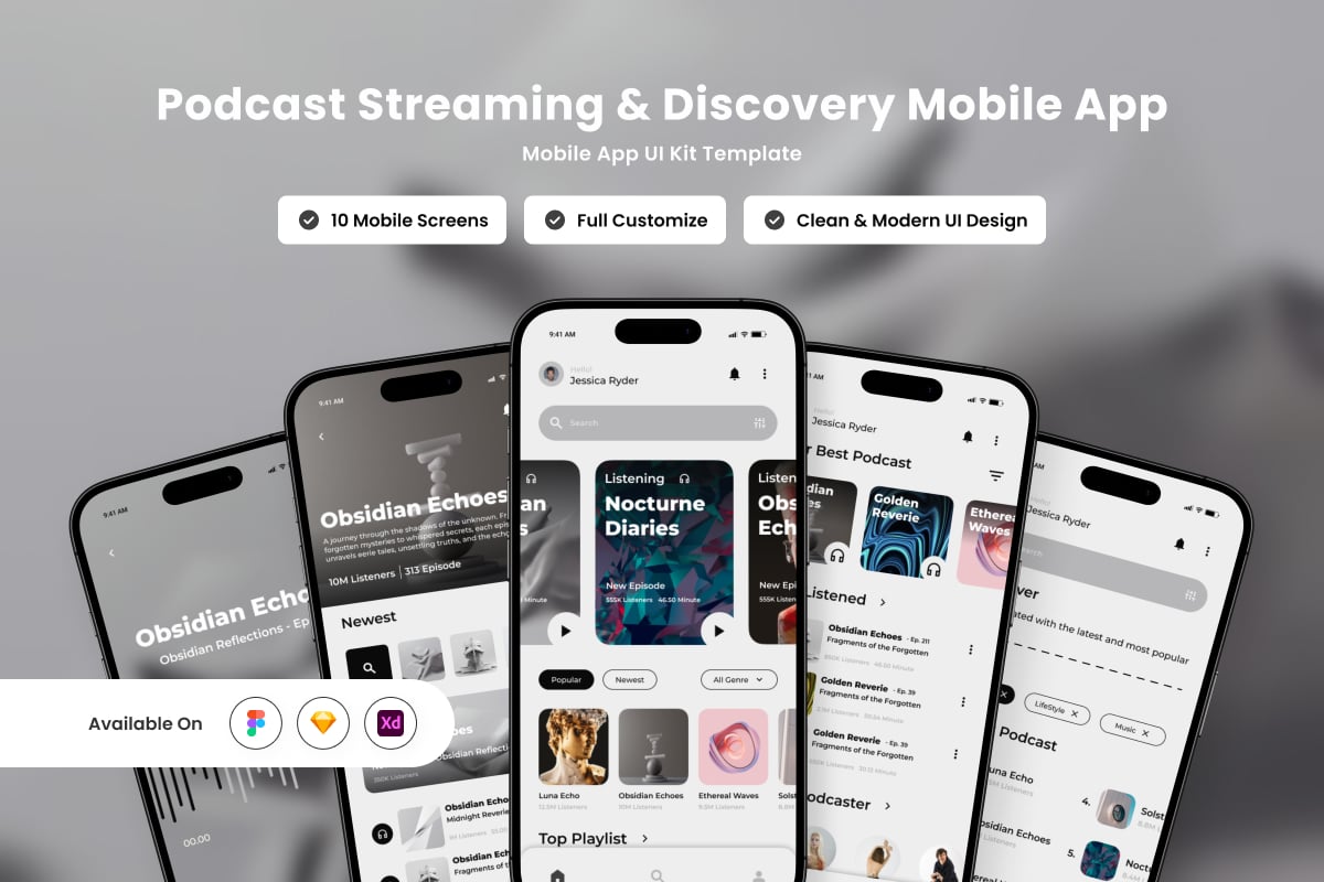 干净而优雅的播客APP UI KIT (FIG,SKETCH,XD)