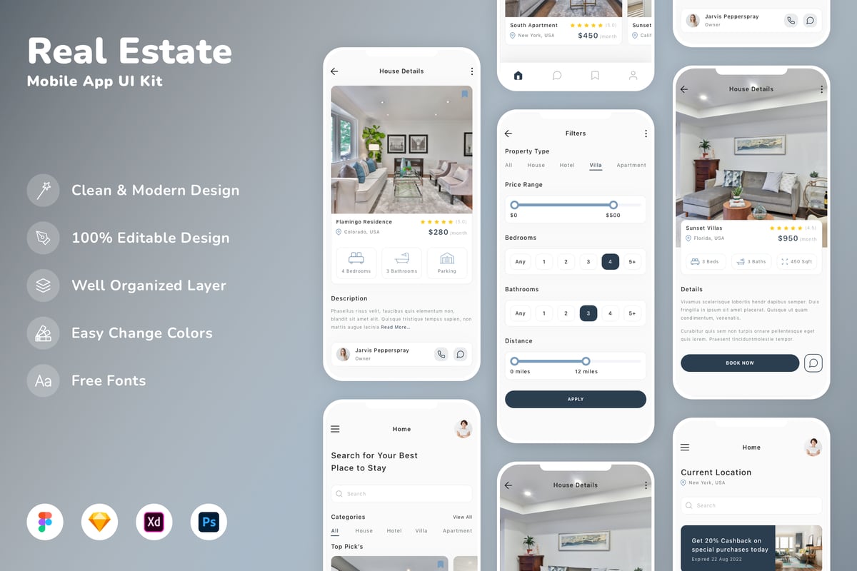 房地产移动应用APP UI KIT (SKETCH,FIG,XD)