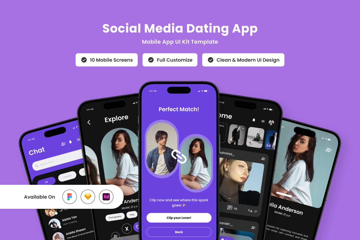 直观的社交约会应用APP UI KIT (FIG,SKETCH,XD)