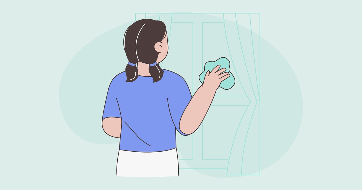 年轻女子清洁窗户的插图