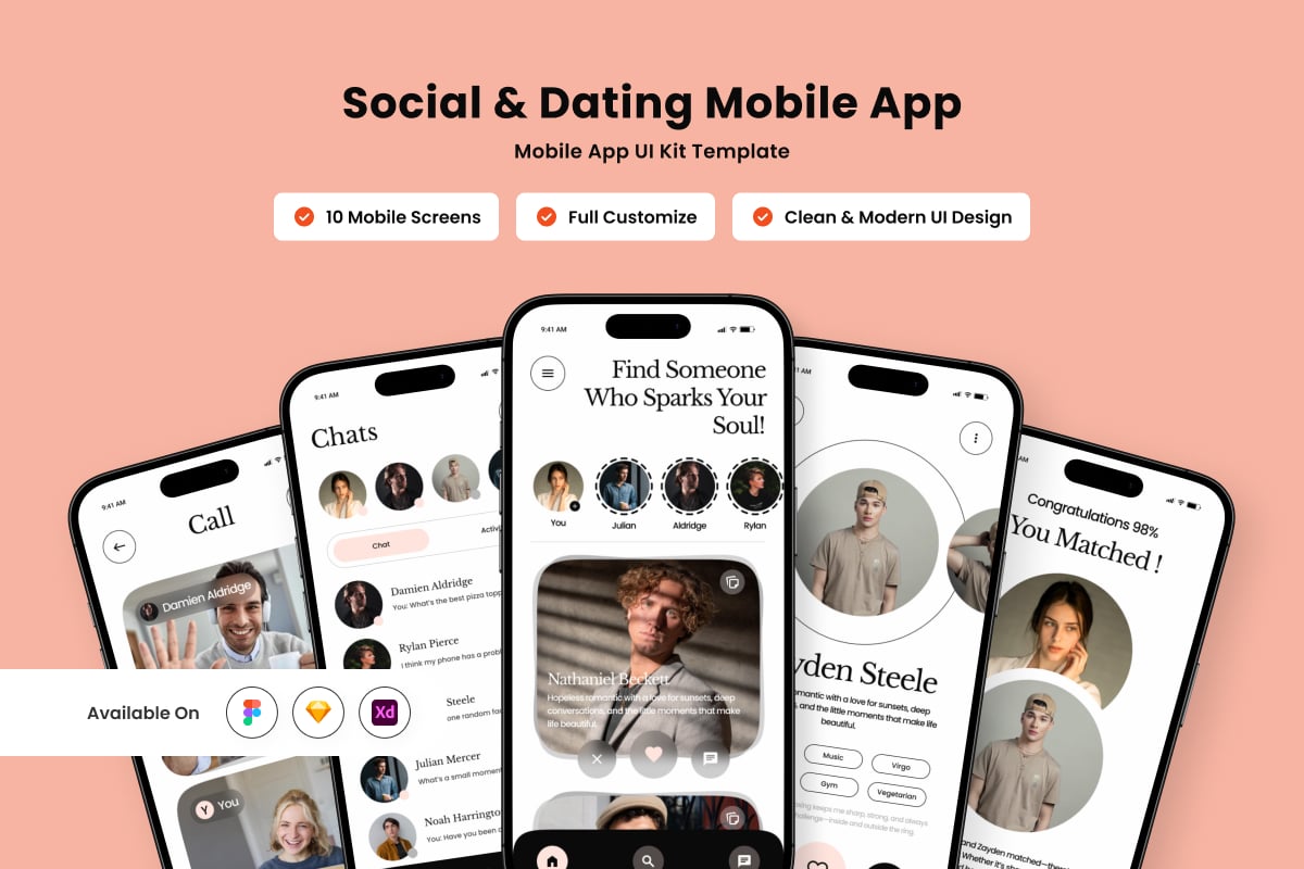 优雅的社交约会移动应用APP UI KIT (FIG,SKETCH,XD)