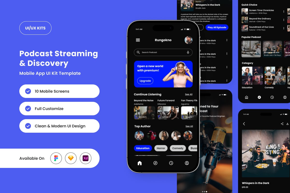 现代黑暗播客应用APP UI KIT (FIG,SKETCH,XD)