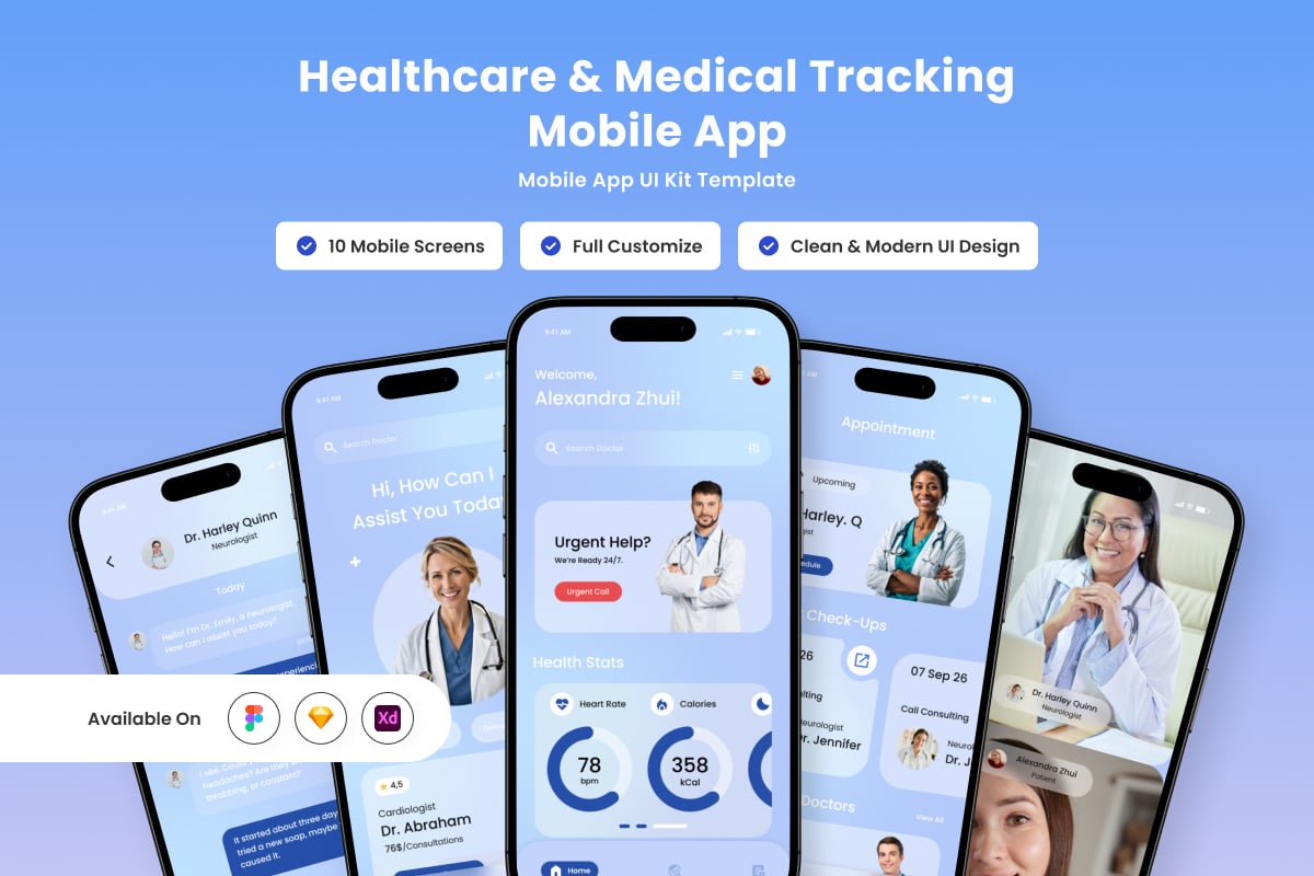 医疗保健和医疗跟踪移动应用APP UI KIT (FIG,SKETCH,XD)