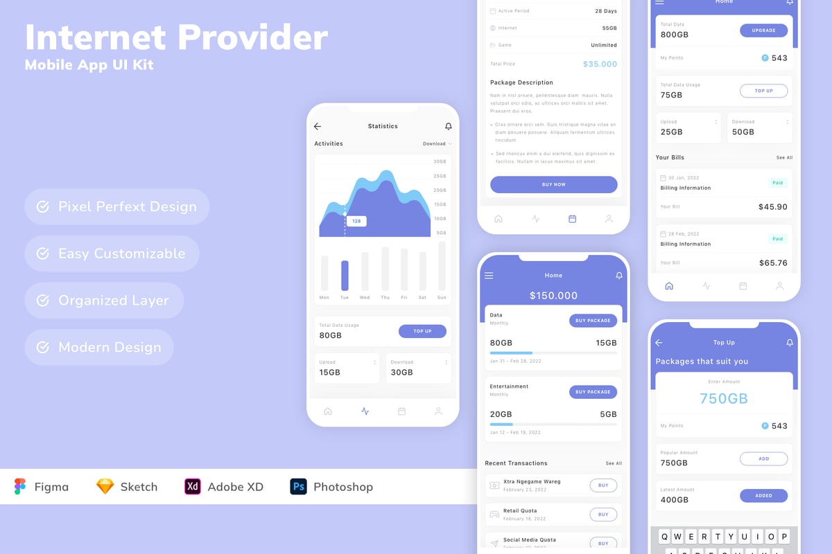 互联网提供商移动应用APP UI KIT (SKETCH,FIG,XD,PSD)