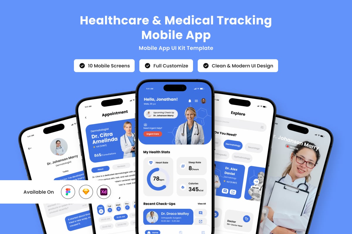 医疗保健和医疗跟踪移动应用APP UI KIT (FIG,SKETCH,XD)