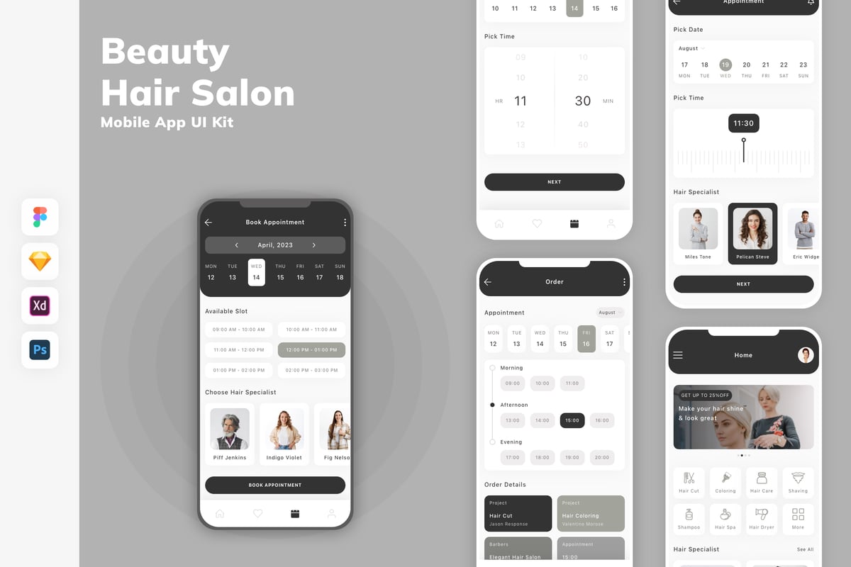 美容与美发沙龙移动应用APP UI KIT (SKETCH,FIG,XD,PSD)
