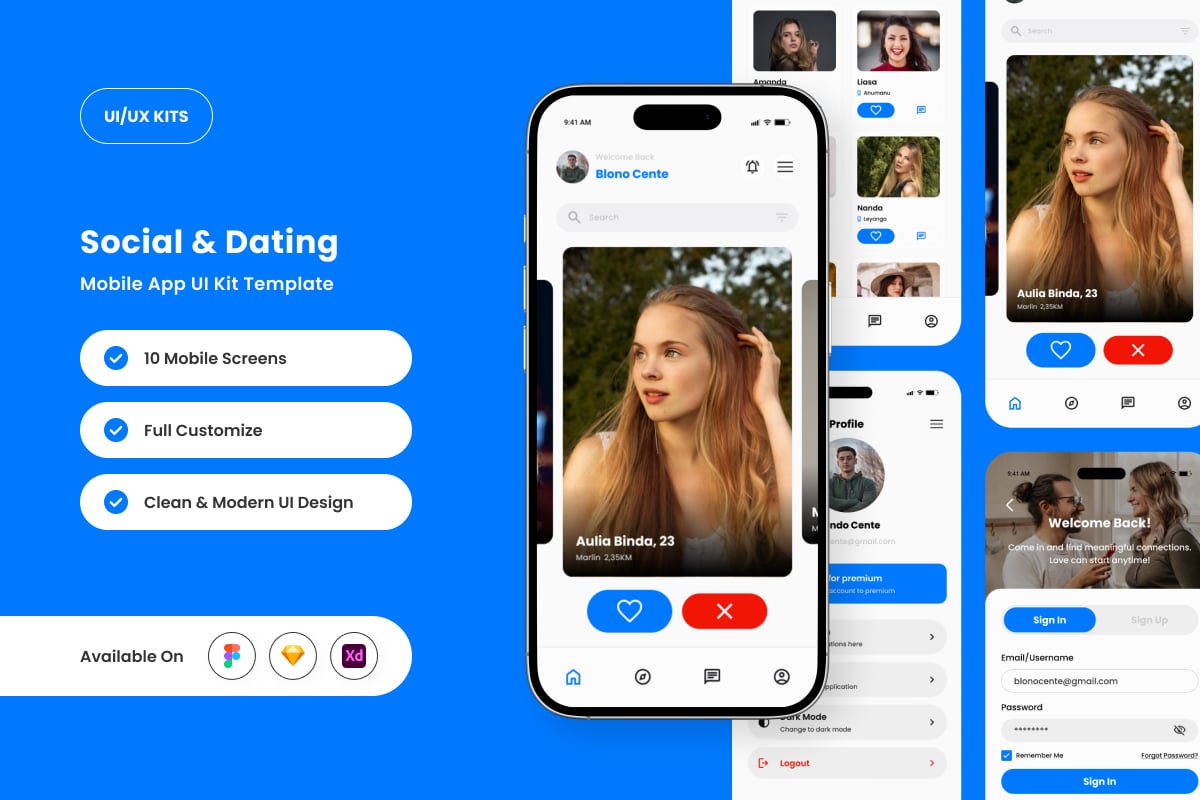 优雅而极简的社交约会应用APP UI KIT (FIG,SKETCH,XD)