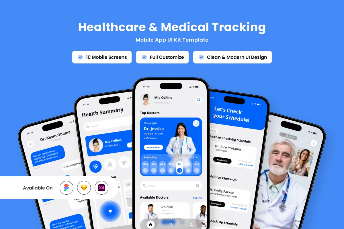 医疗保健跟踪移动应用APP UI KIT (FIG,SKETCH,XD)
