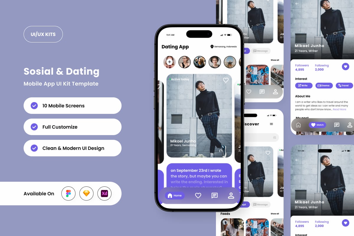 年轻的社交和约会应用APP UI KIT (FIG,SKETCH,XD)