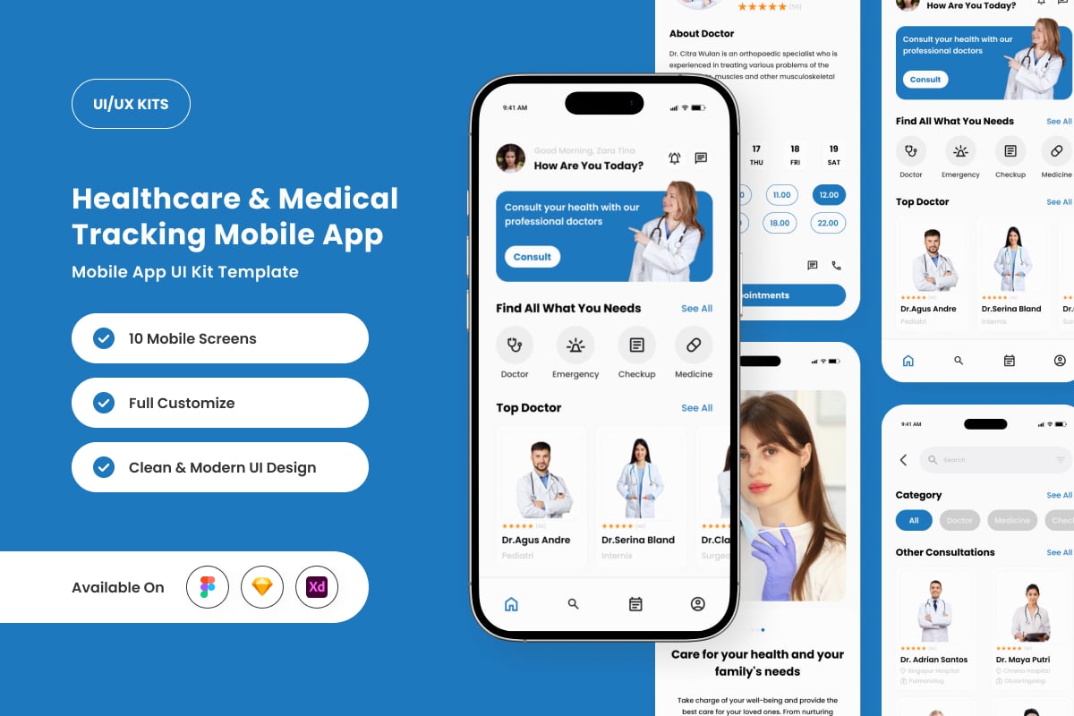 医疗保健和医疗跟踪器移动应用 APP UI KIT (FIG,XD,SKETCH)