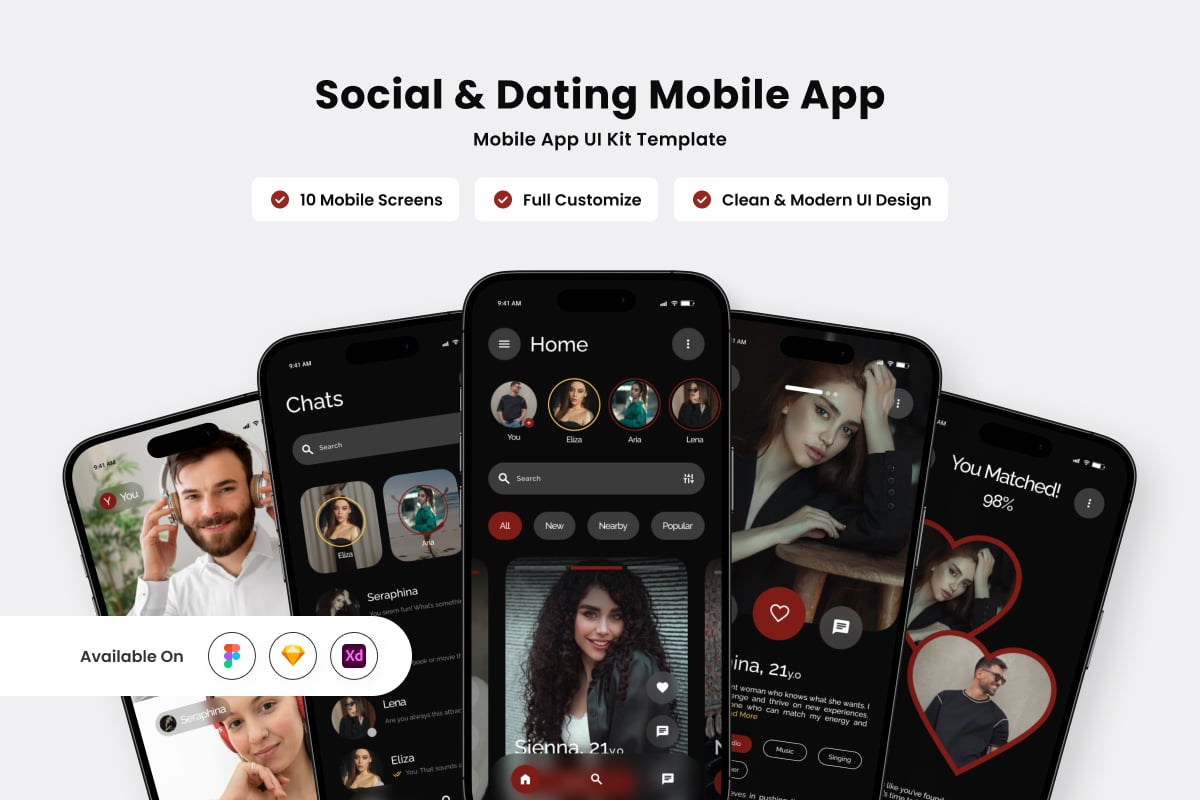 现代社会约会应用APP UI KIT (FIG,SKETCH,XD)
