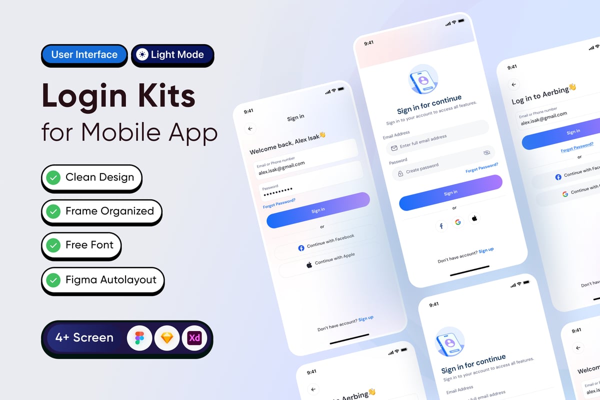 登录页移动应用APP UI KIT (FIG,XD,SKETCH)