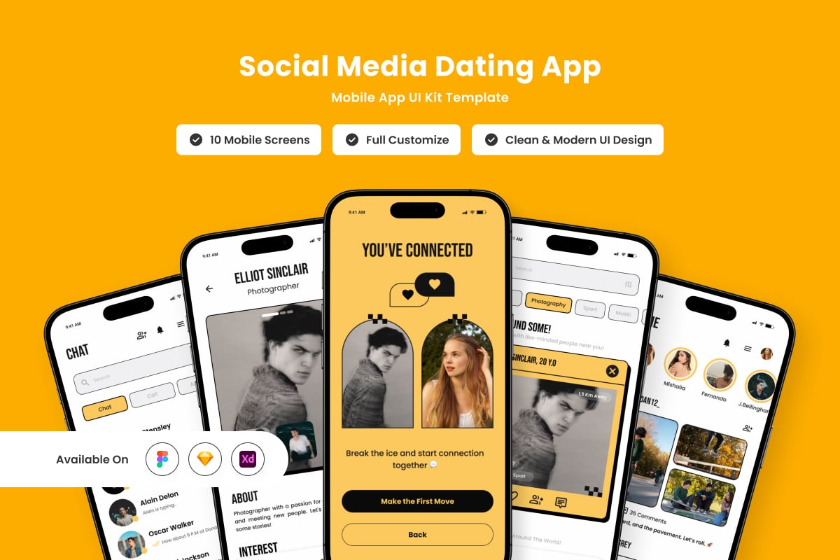 复​​古社交约会移动应用APP UI KIT (FIG,SKETCH,XD)