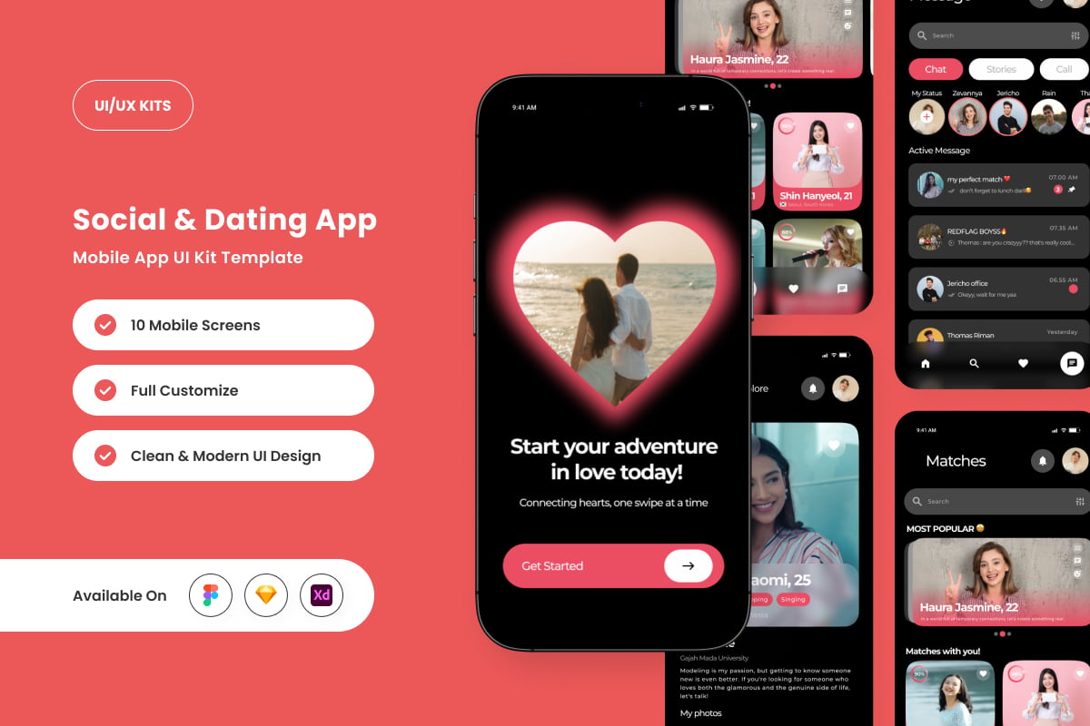 现代社交和约会应用APP UI KIT (FIG,SKETCH,XD)