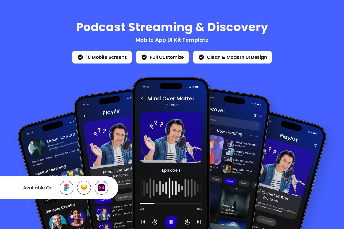 时尚和直观的播客应用APP UI KIT (FIG,SKETCH,XD)