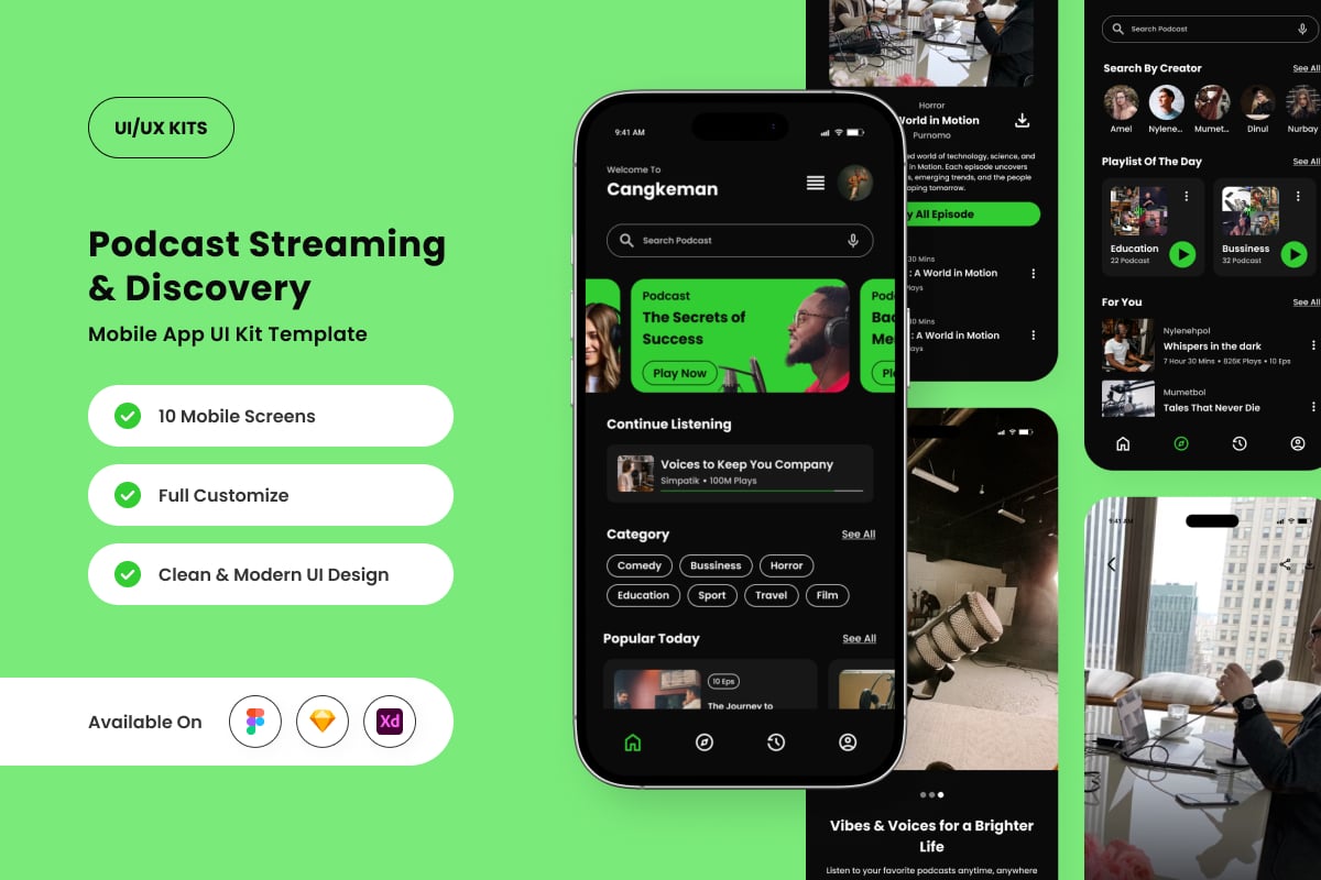 大胆的播客流应用APP UI KIT (FIG,SKETCH,XD)