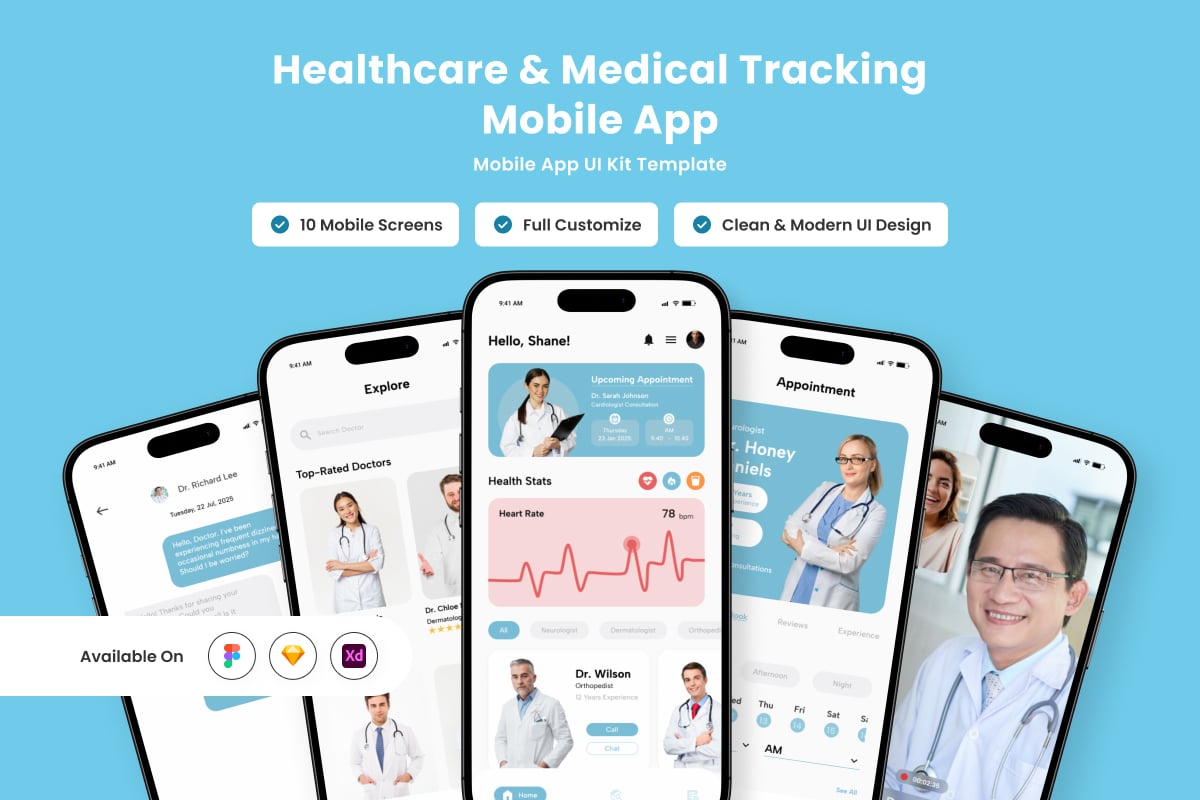 医疗保健和医疗跟踪移动应用 APP UI KIT (FIG,SKETCH,XD)