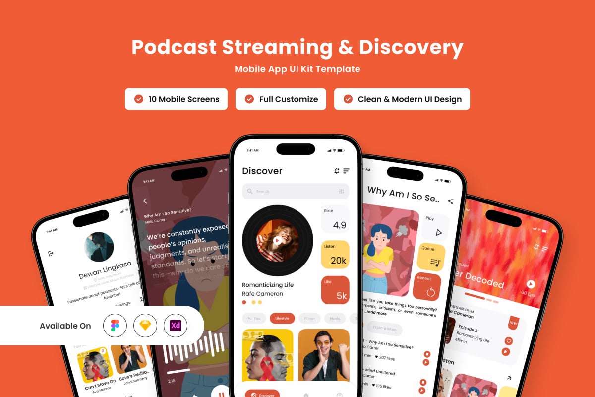 光滑且引人入胜的播客应用APP UI KIT (FIG,SKETCH,XD)
