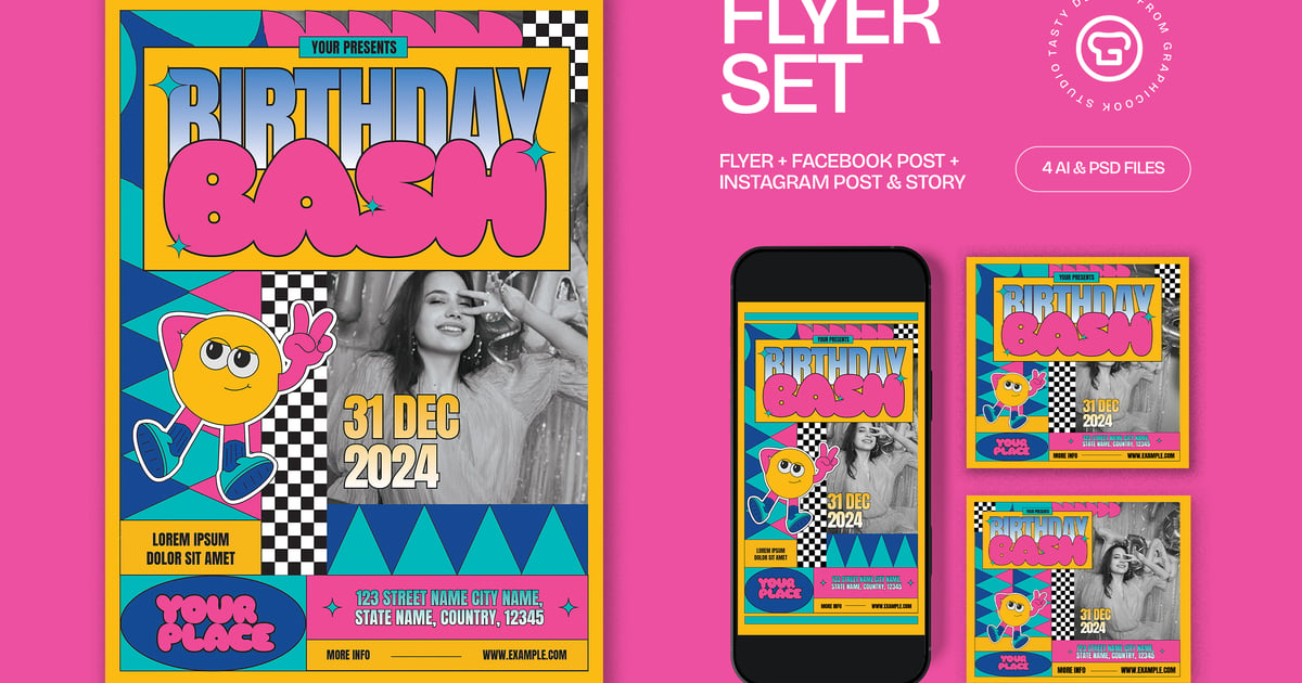 黄色粉色反设计生日聚会传单套装