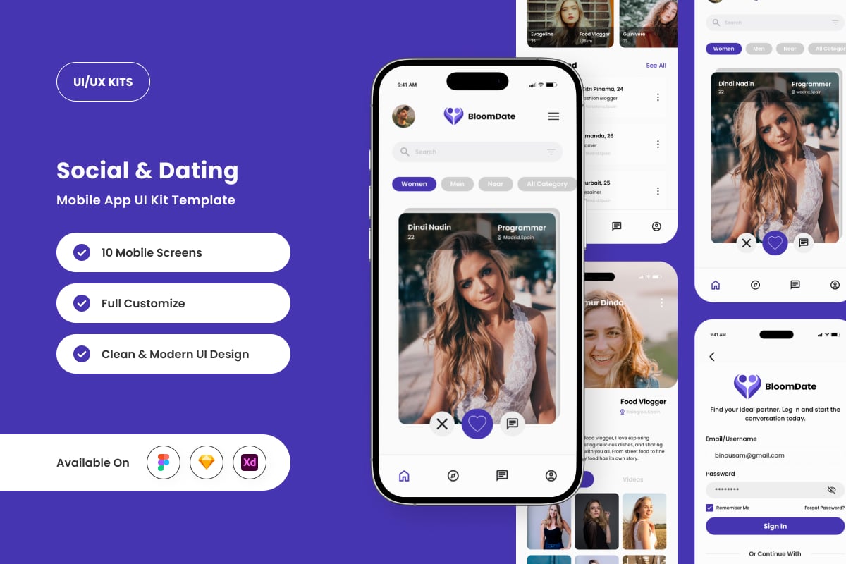 现代且有趣的约会应用APP UI KIT (FIG,XD,SKETCH)