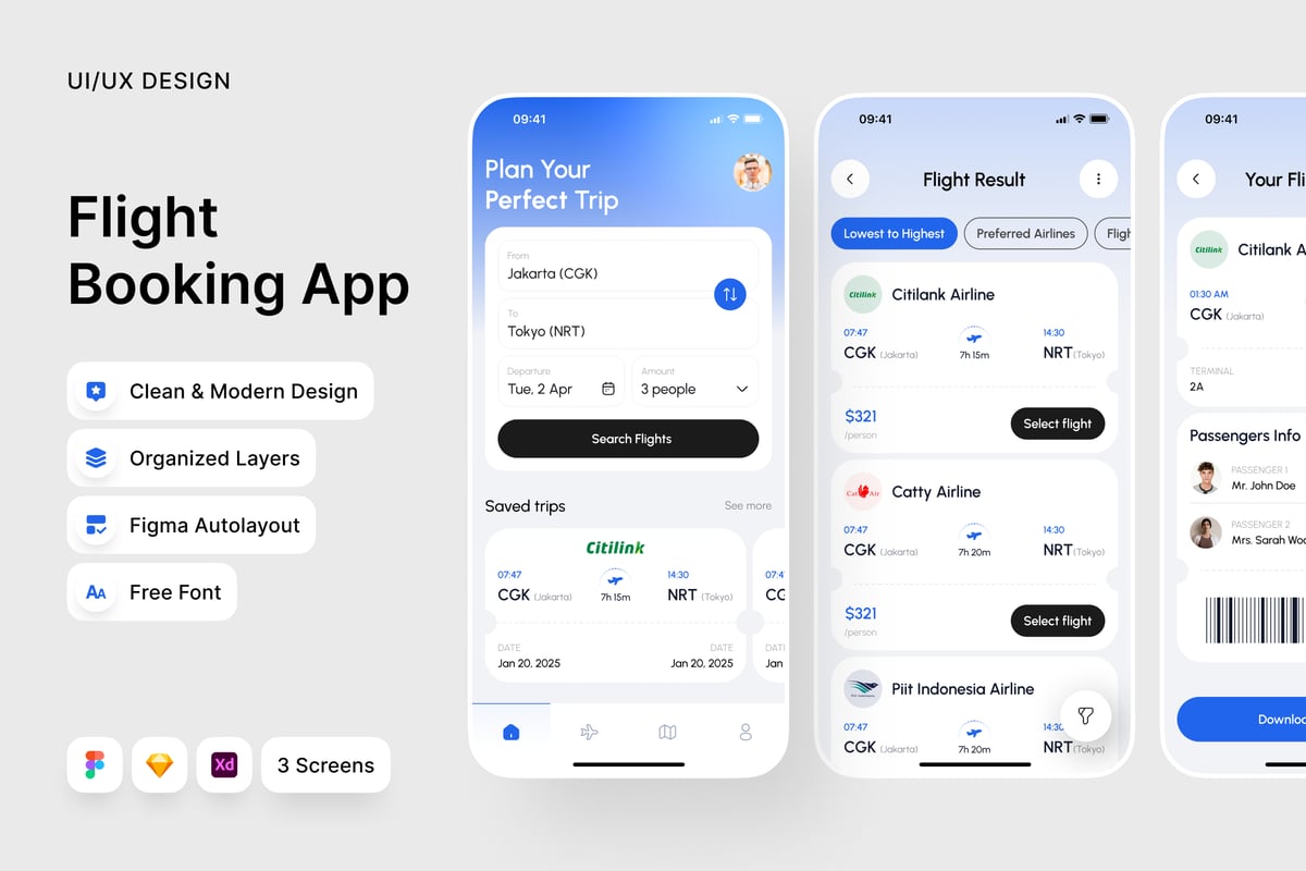 机票预订应用APP UI KIT (FIG,SKETCH,XD)