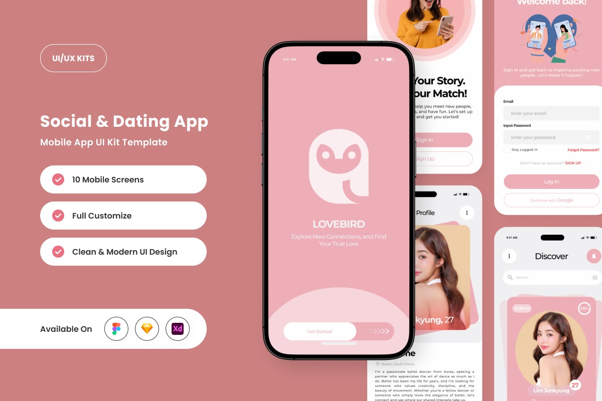 优雅的社交和约会应用APP UI KIT (FIG,SKETCH,XD)