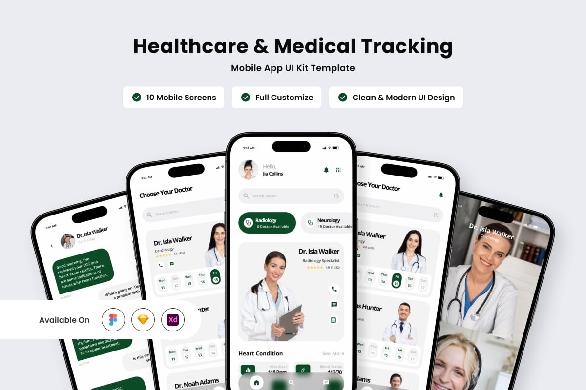 医疗保健和医疗跟踪手机APP UI KIT（FIG,SKETCH,XD）