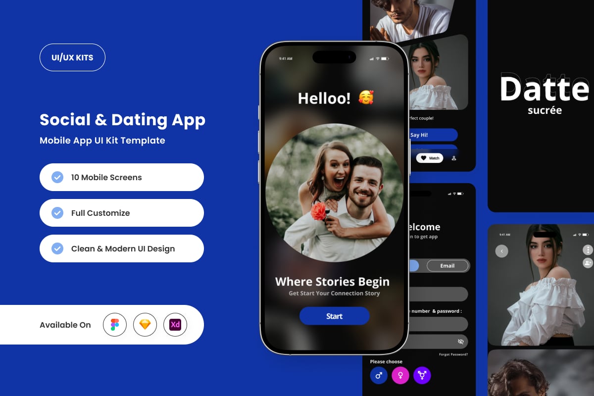 充满活力的约会和社交应用APP UI KIT (FIG,SKETCH,XD)