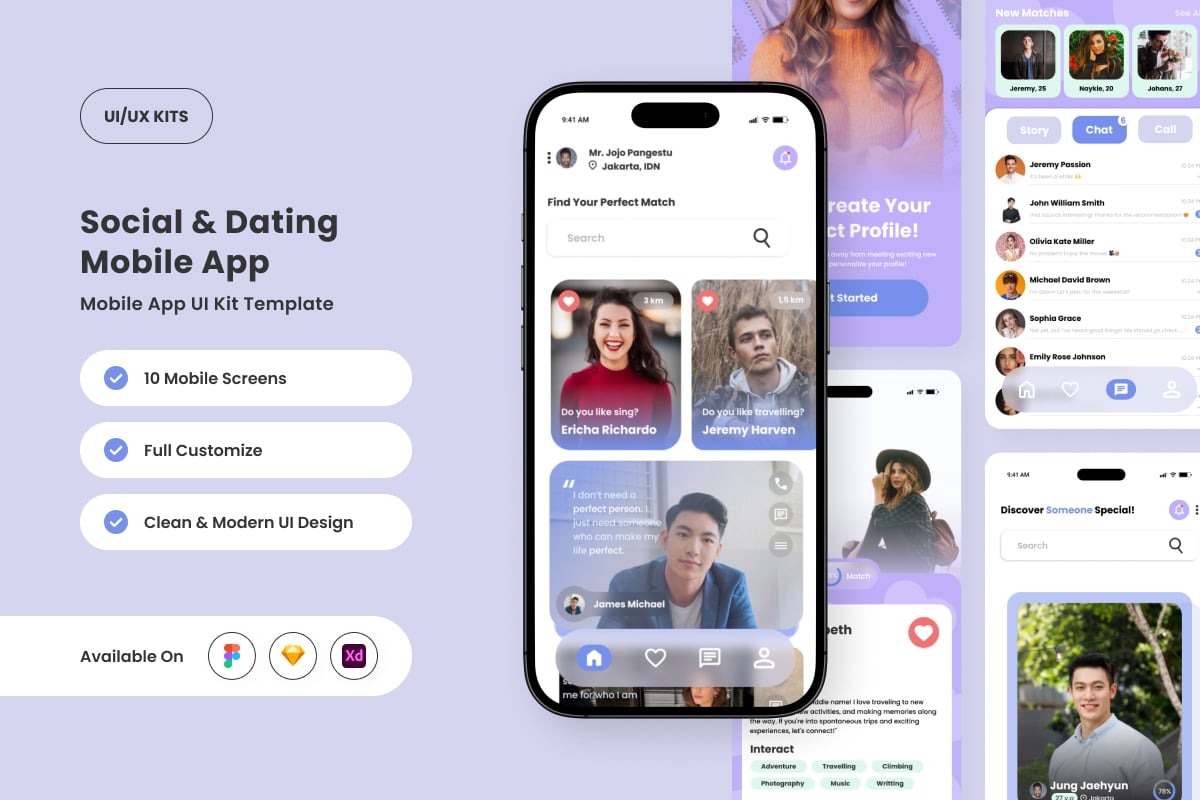 年轻的社交和约会应用APP UI KIT (FIG,SKETCH,XD)