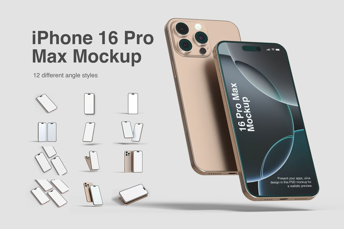 iPhone 16 Pro Max手机模型样机 (PSD,PDF)