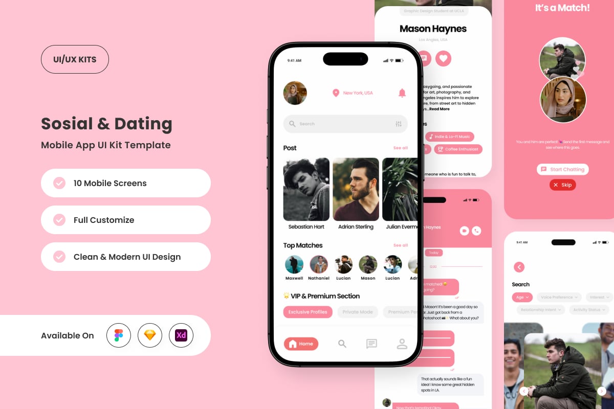 软且浪漫的约会应用APP UI KIT (FIG,SKETCH,XD)