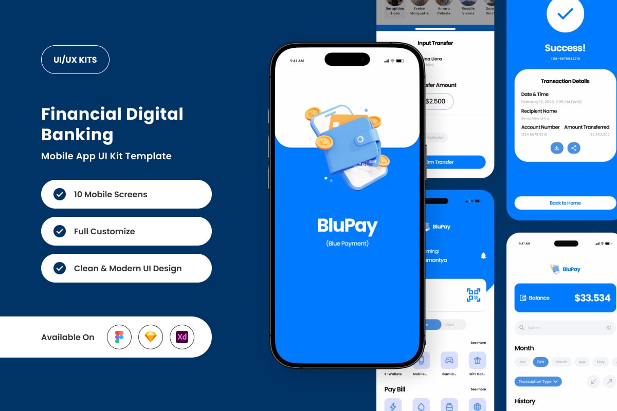 无缝付款和银行应用APP UI KIT (FIG,SKETCH,XD)