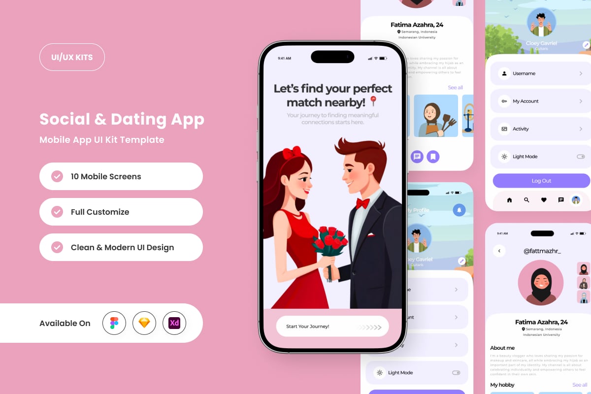 浪漫的社交和约会应用APP UI KIT (FIG,SKETCH,XD)