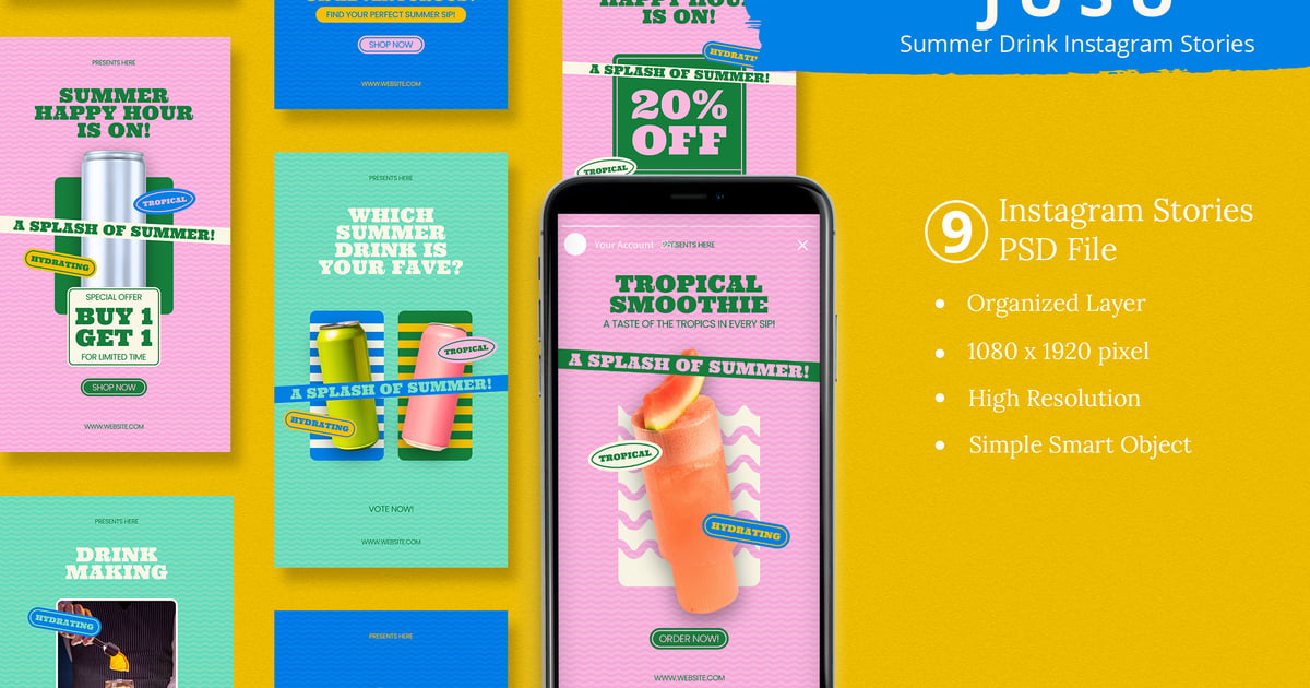 Jusu – 夏日饮品 Instagram 故事和 Canva 模板