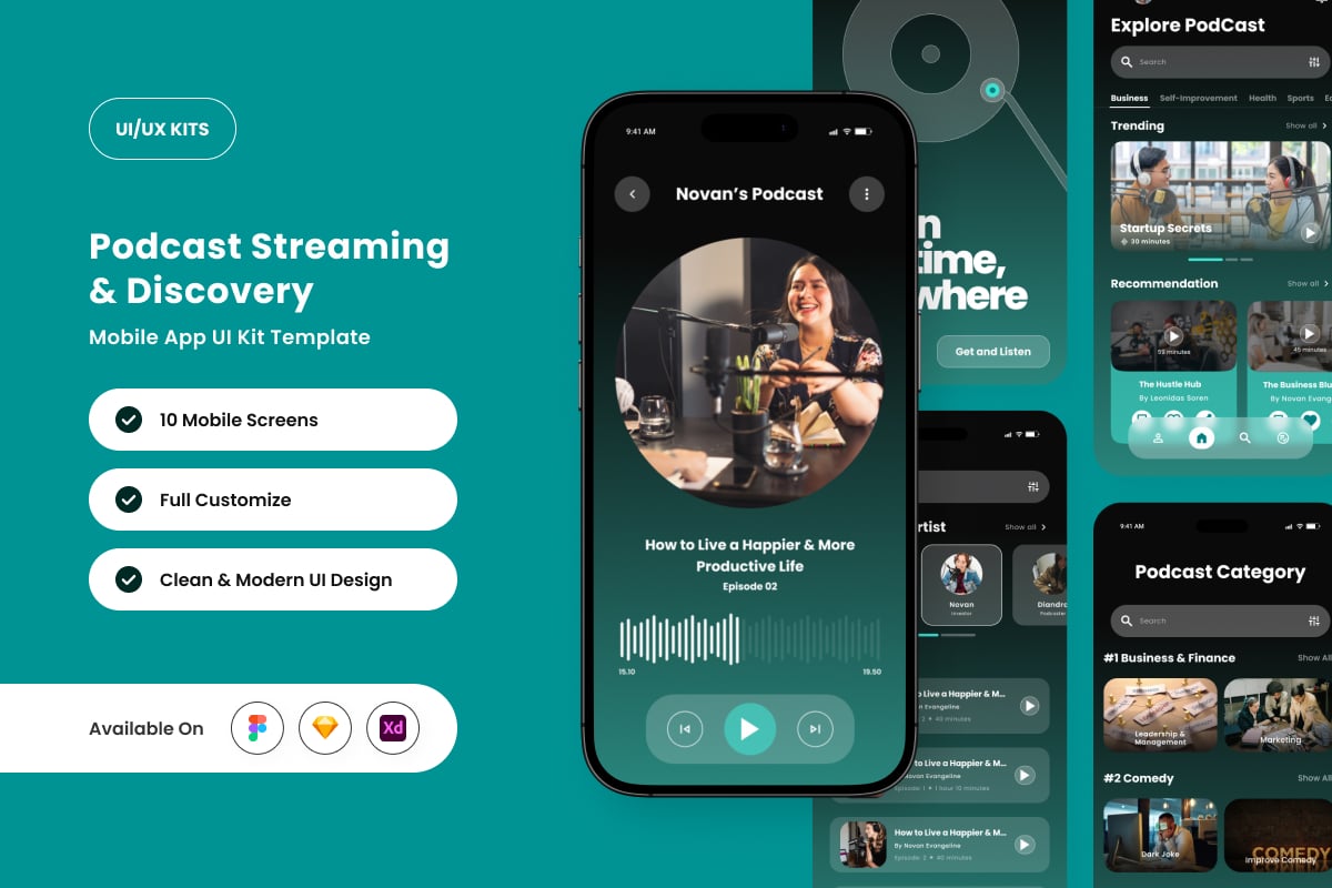 现代播客应用APP UI KIT (FIG,SKETCH,XD)