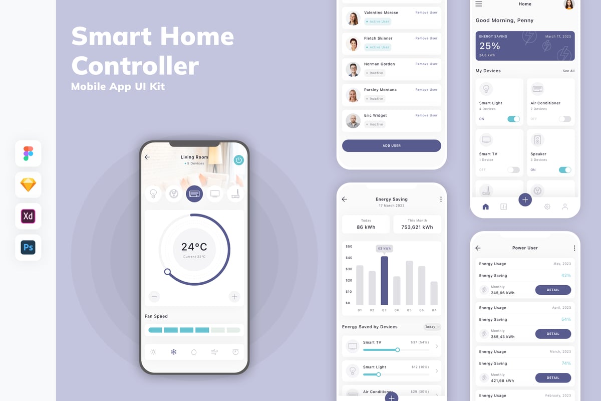 智能家庭控制器移动应用APP UI KIT (SKETCH,FIG,XD,PSD)