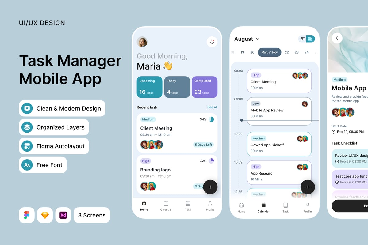 现代任务管理器移动应用APP UI KIT (FIG,SKETCH,XD)