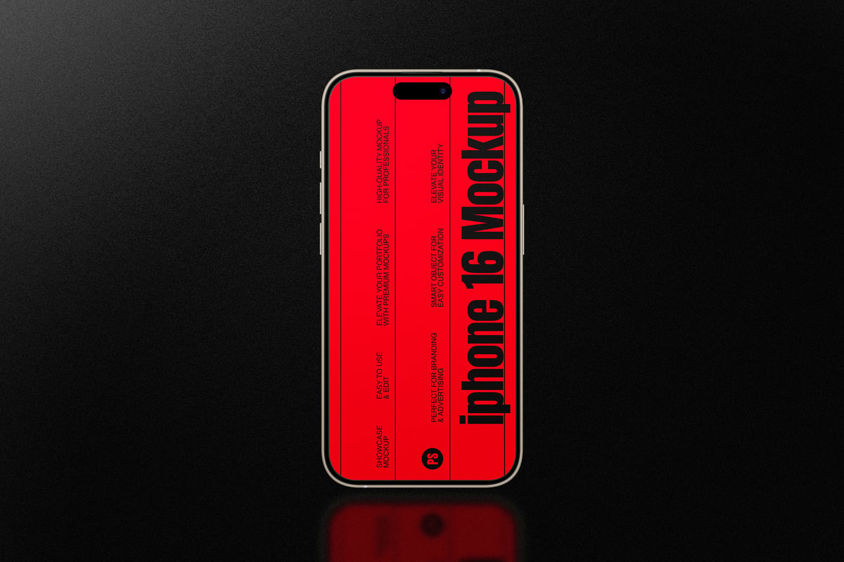 iPhone 16手机模型在黑暗背景上的样机 (PSD)