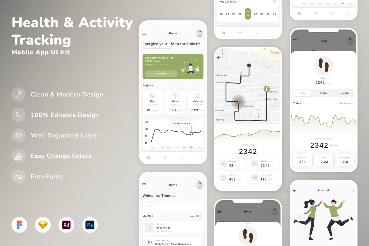 健康与活动跟踪移动应用APP UI KIT (SKETCH,FIG,XD,PSD)