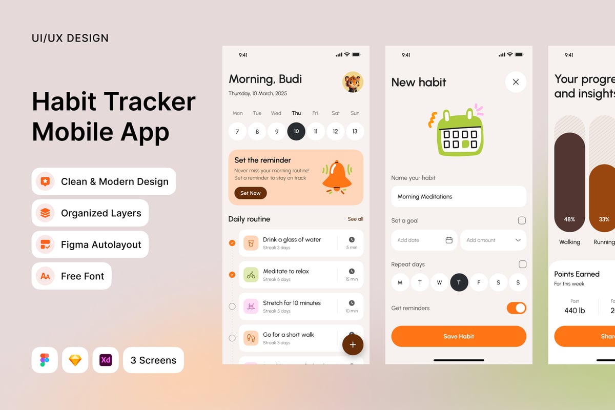简约习惯追踪器移动应用APP UI KIT (FIG,SKETCH,XD)