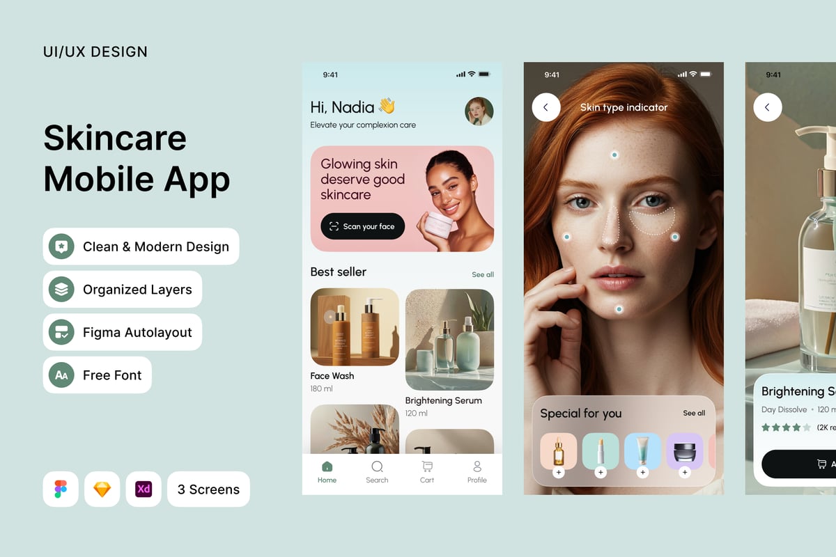 护肤品电商手机应用APP UI KIT (FIG,SKETCH,XD)