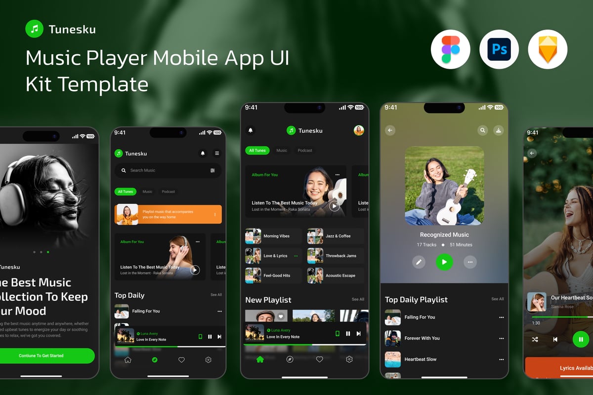 音乐播放器流应用APP UI KIT (FIG,PSD,SKETCH)