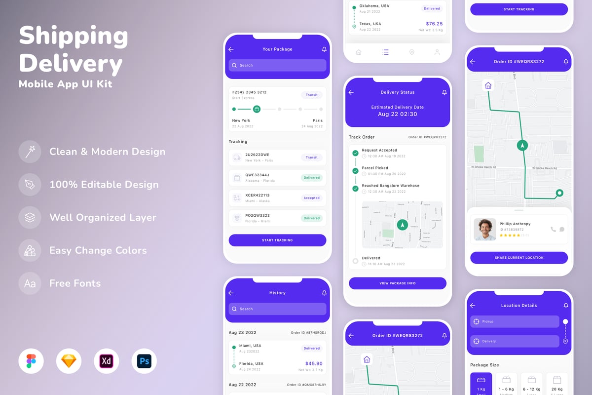运输和交付移动应用APP UI KIT (SKETCH,FIG,XD,PSD)