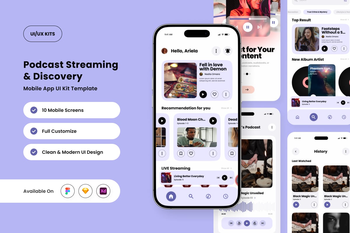 光滑的播客流应用APP UI KIT (FIG,SKETCH,XD)