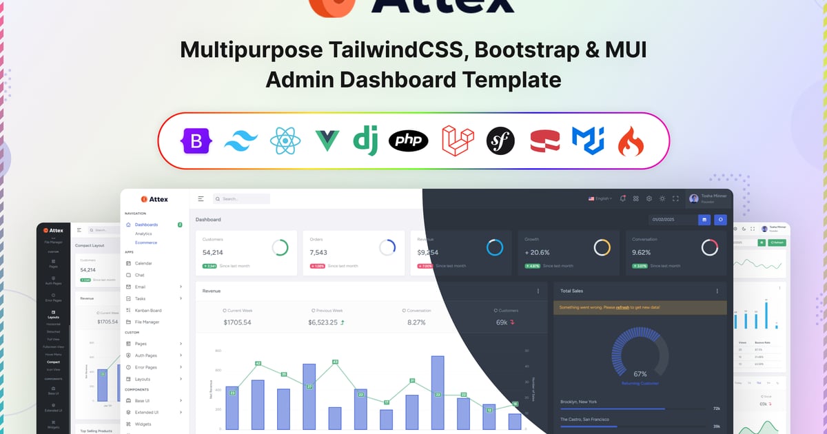 Attex – TailwindCSS、Bootstrap 和 MUI 管理员